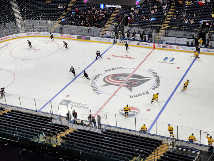 St. Ignatius and University School warm up at Nationwide Arena in Columbus prior to the 2024 OHSAA hockey state championship game.